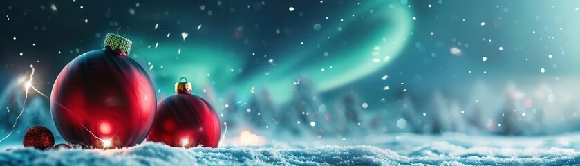 Red Christmas ornaments in snowy landscape with aurora borealis