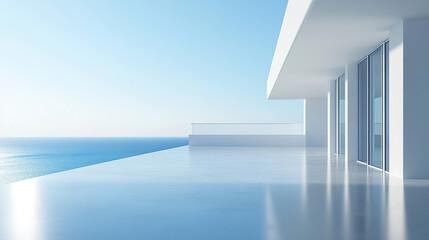 Minimalist white empty rooftop with floor, clear sky, panoramic view