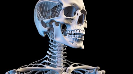 A photorealistic image of a human skeleton, accurately depicting the bones and joints, with a focus on the intricate structure of the body