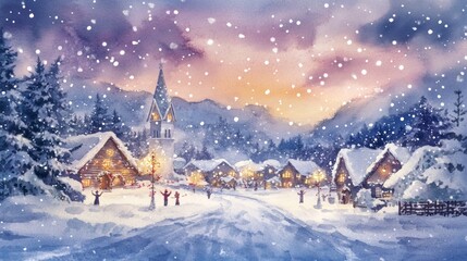 Fototapeta premium Snowy Village Christmas Scene: Watercolor Painting with Twinkling Lights and Carolers