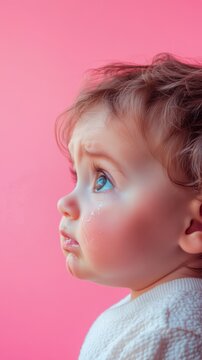 Emotional baby portrait with tears on pink background