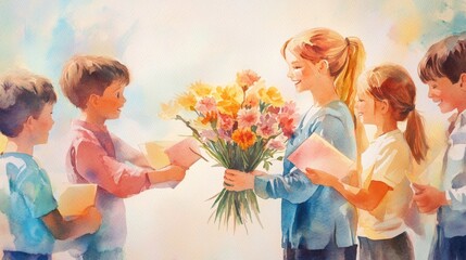 World Teachers Day Celebration: Watercolor Painting of Students Honoring Their Teacher 1