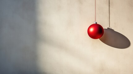 A red Christmas ornament casting a playful shadow on a textured wall, adding depth and dimension to the image