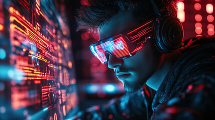 A young man wearing futuristic glasses is typing on a keyboard, surrounded by holographic data and neon lights in a dark cyberpunk style