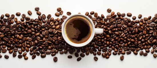 Naklejka premium Line Made Of Coffee Beans With Cup Of Coffee On White