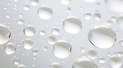 A serene macro abstraction of glistening white water droplets, their gentle forms evoking a sense of tranquility and purity.