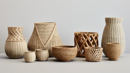 Fototapeta premium A set of woven baskets in varying sizes and neutral tones