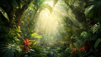Obraz premium Exotic Jungle Paradise: Vibrant Wildlife & Sun-Dappled Canopy