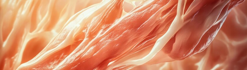 Fototapeta premium Close-up view of muscle texture, showcasing intricate fibers and organic forms in a soft, warm color palette.