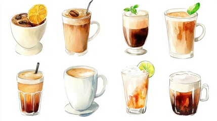 World Coffee Tour: Vibrant Watercolor Collection of Espresso, Cappuccino & Iced Coffee