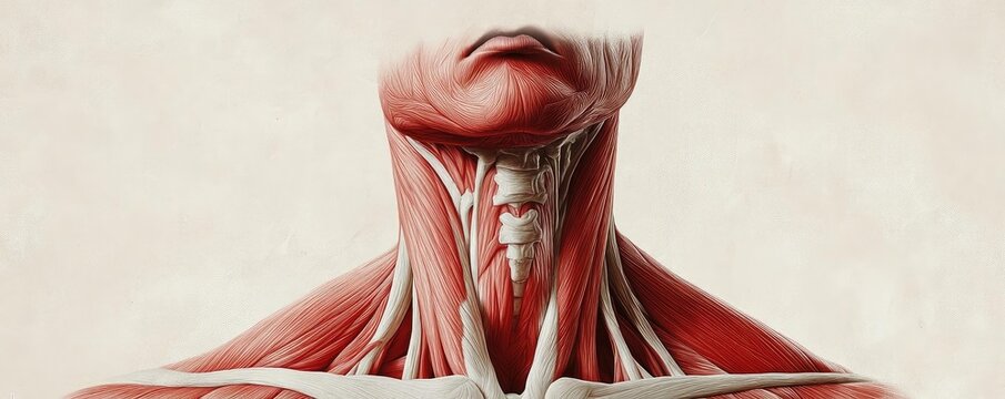 Detailed anatomical illustration showcasing human neck muscles for educational and artistic purposes.