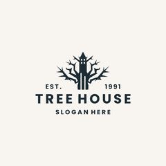Tree house logo vector hipster vintage icon illustration