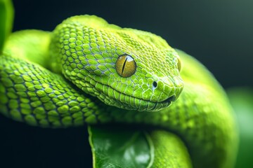 Fototapeta premium A modern and sleek digital illustration of a snake coiled around a branch symbolizing natural cycles and growth with shades of green and brown and metallic accents