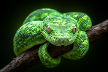 Fototapeta premium A modern and sleek digital illustration of a snake coiled around a branch symbolizing natural cycles and growth with shades of green and brown and metallic accents