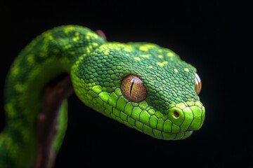 Naklejka premium A modern and sleek digital illustration of a snake coiled around a branch symbolizing natural cycles and growth with shades of green and brown and metallic accents