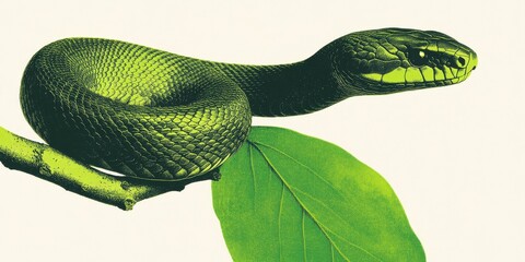 A modern and sleek digital illustration of a snake coiled around a branch symbolizing natural cycles and growth with shades of green and brown and metallic accents
