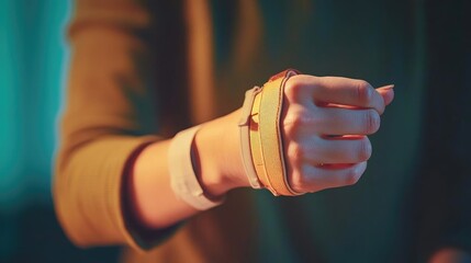 A close-up of a clenched fist wearing a wristband, showcasing determination and strength in a vibrant, artistic light.