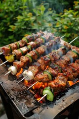 Grilled skewers with meat and vegetables, smoky background, outdoor barbecue Fresh ingredients, vibrant colors, summer cooking concept Perfect for food lovers and recipes