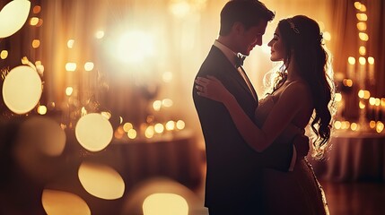 Elegant couple dancing at a fancy event with soft lighting 