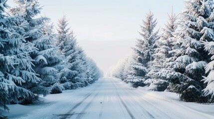 A snow-covered road lined with snow-covered pine trees