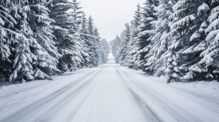 Fototapeta premium A snow-covered road lined with snow-covered pine trees