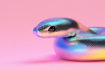 Fototapeta premium A modern and sleek digital illustration of a snake coiled in a circle symbolizing wisdom and transformation with a gradient of blue shades and metallic silver accents