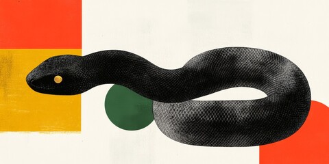 A modern and sleek digital illustration of a snake coiled in a circle with geometric patterns and shapes in the background symbolizing harmony and balance with green and gold metallic accents