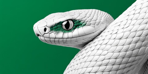 A modern and sleek digital illustration of a snake coiled in a spiral symbolizing cycles of life and regeneration with metallic green and silver accents