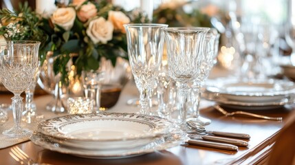 Fototapeta premium Elegant dinner party setup with fine china, crystal glasses, and a beautifully set table