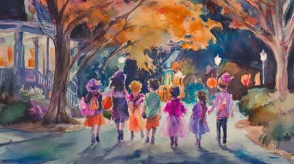 Enchanted Halloween: Watercolor Children Trick-or-Treating Under Streetlights