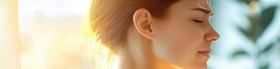 Fototapeta premium A serene woman enjoying soothing sunlight, reflecting calm and relaxation. Perfect for wellness and self-care themes.