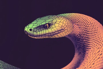 Fototapeta premium A modern and sleek digital illustration of a snake with intricate patterned scales coiled in a circle symbolizing transformation with a gradient of green and gold metallic accents