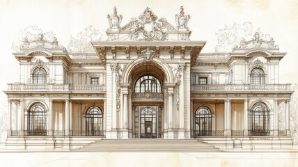 Obraz premium Architectural drawing of an ornate building facade.