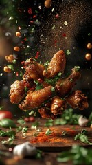 chicken wings floating in the air with ingredients and powders splashing around them