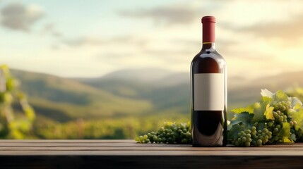 Fototapeta premium A wine bottle with a blank label standing on a table in a vineyard at golden hour, symbolizing winemaking and vineyard culture.