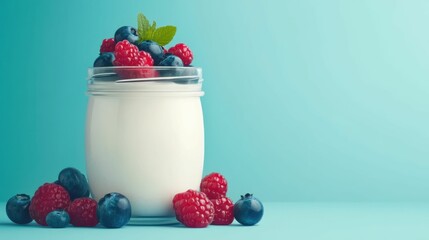 A jar of yogurt garnished with raspberries, blueberries, and mint leaves, set against a vibrant blue background, showcasing a healthy and fresh snack..