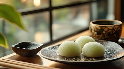 closed up shot food photography composition with three small round light green mochi. and black tea