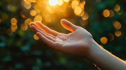 Obraz premium A hand reaching out towards the warm sunlight, symbolizing hope and connection with nature in a serene outdoor setting.