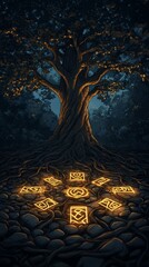 A mystical tree with glowing symbols, surrounded by stones, creating an enchanting atmosphere in the twilight.