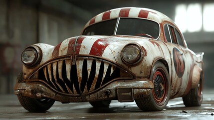 Creepy clown car emerging from shadows, eerie lighting, 3D illustration