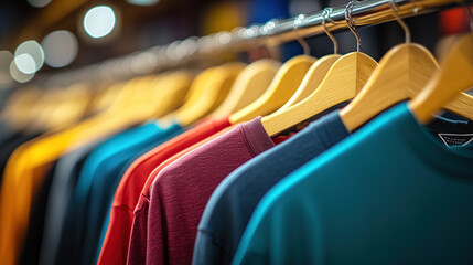Close-up of colorful t-shirts hanging on wooden hangers in the section of an online store, with a blurred background