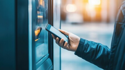 A person holds a smartphone near a ticket machine, making a contactless payment at sunset, symbolizing modern digital transactions and convenience..