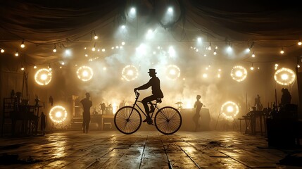 Haunted unicycle act in a foggy circus tent, eerie atmosphere, 3D illustration