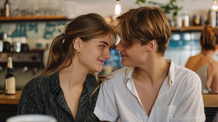 Naklejka premium A couple in a modern office setting, discreetly exchanging smiles during a break, with blurred coworkers in the background. The scene captures the subtle connection and chemistry between them, emphasi