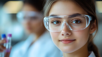 In the lab, a close-up of a beautiful young female scientist, wearing goggles and a white coat