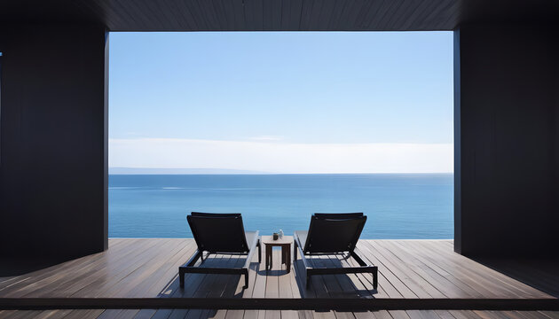 Two Black Lounge Chairs Overlooking the Ocean