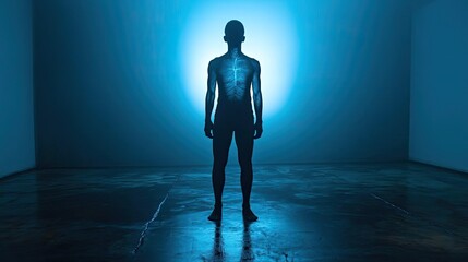 Obraz premium A silhouette of a person standing in a blue-lit environment, suggesting themes of isolation and introspection.