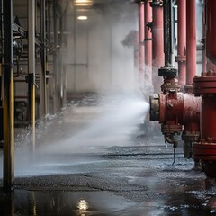 Flawed Fire Pump Test: Malfunctioning Industrial Setup with Burst Pipes, Water Spraying, and No Personnel