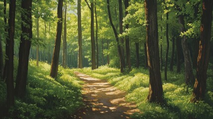 Obraz premium Lush green forest with tall trees dappled sunlight and a winding path