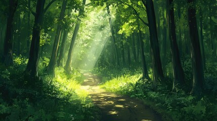 Obraz premium Lush green forest with tall trees dappled sunlight and a winding path